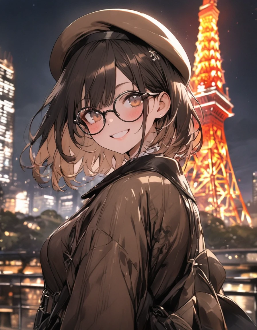 masterpiece、1 girl, short hair, (((brown tone on tone clothes))), (beret), glasses, smile, Tokyo city background, city ​​of Tokyo, Night, ((tokyo tower))