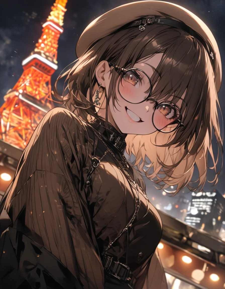 masterpiece、1 girl, short hair, (((brown tone on tone clothes))), (beret), glasses, smile, Tokyo city background, city ​​of Tokyo, Night, ((tokyo tower))
