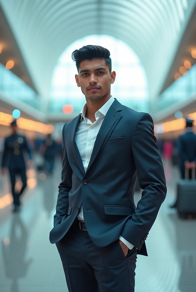 Indian boy handsome wearing formals posing for Nadeem beautiful airport in background