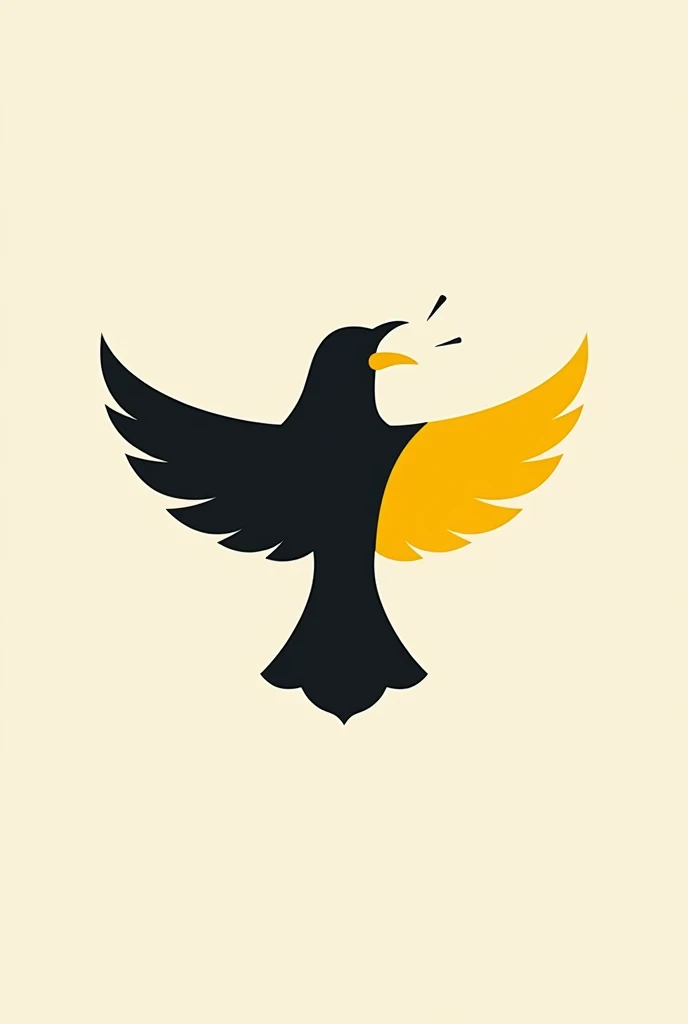 Generate me an minimalist logo about a black Bird with yellow wings, making noise with the beak open (MINIMALISTA)