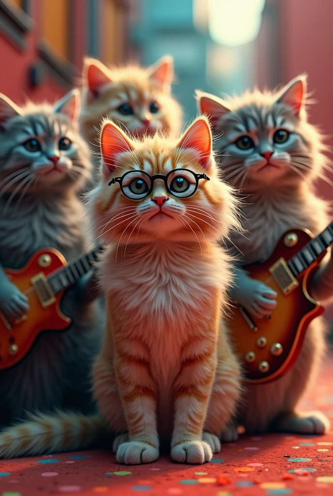 Showa era kitten、Forming the Beatles band Filming, Expressionism, Pop Art, realism, Cinematic light effects, 3D Rendering, C4D, Ultra-detailed, The members are、3 long hair、1 normal、1 Sunglasses、1 Long-haired cat with round glasses