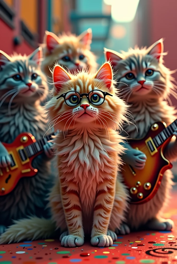 Showa era kitten、Forming the Beatles band Filming, Expressionism, Pop Art, realism, Cinematic light effects, 3D Rendering, C4D, Ultra-detailed, The members are、3 long hair、1 normal、1 Sunglasses、1 Long-haired cat with round glasses