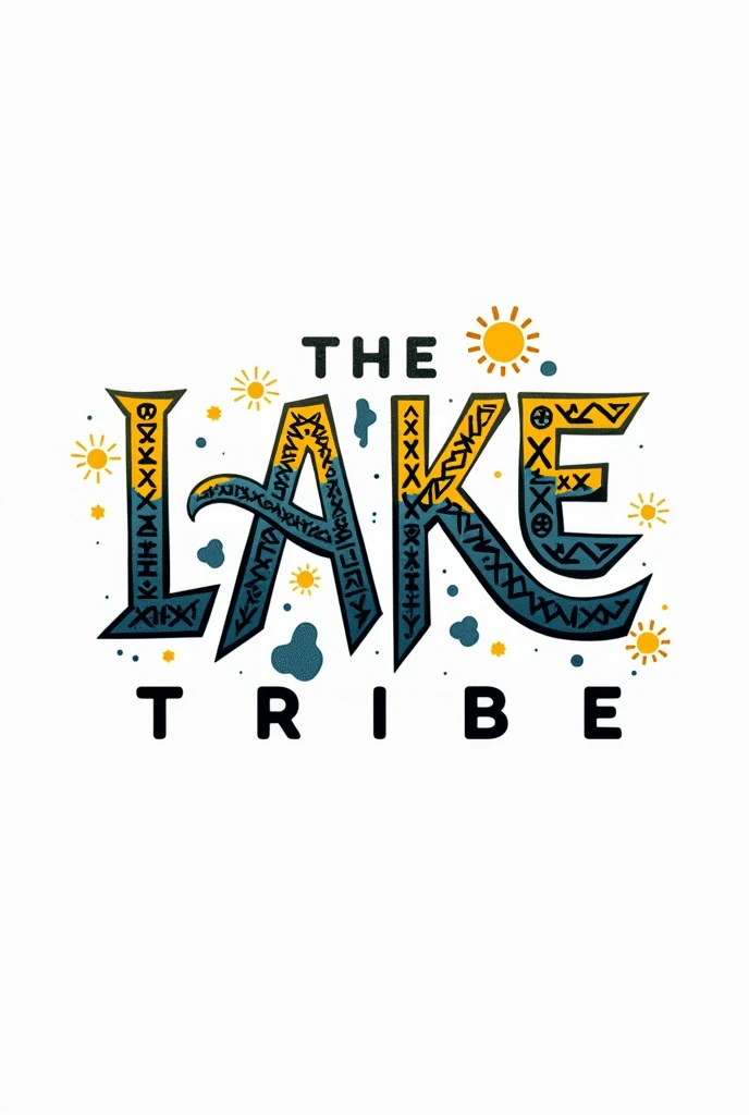 Create logo wrote TLT combined wording the lake tribe apparel colour tribal pattern on word white background yellow blue