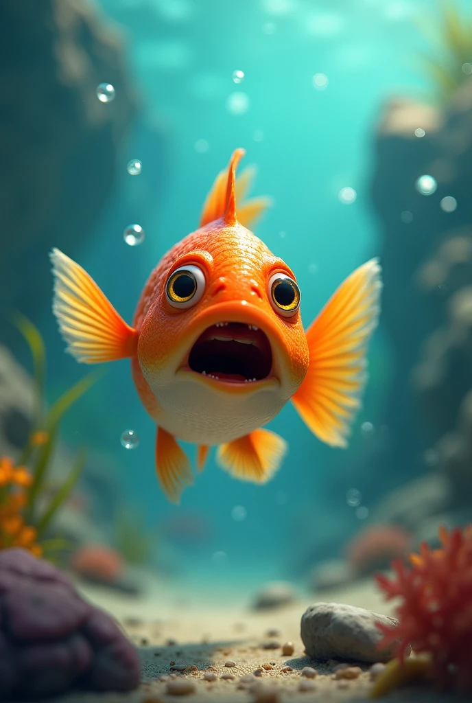 A fish comes swimming fast and scared