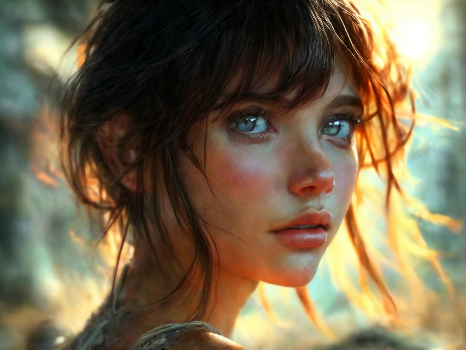 (((ultra realistic))) Photo, masterpiece, top quality, (sun tanned skin), (Ultra detailed face and eyes:1.3), 1 woman, A highly detailed photorealistic image, beautiful woman in the post-apocalyptic setting, torn dress, searching for love, detailed face, delicate features, big expressive eyes, lush flowing hair, dramatic lighting, highly detailed, cinematic, photorealistic, 8k, intricate, masterpiece, ruined_cityscape, distant_character, wasteland