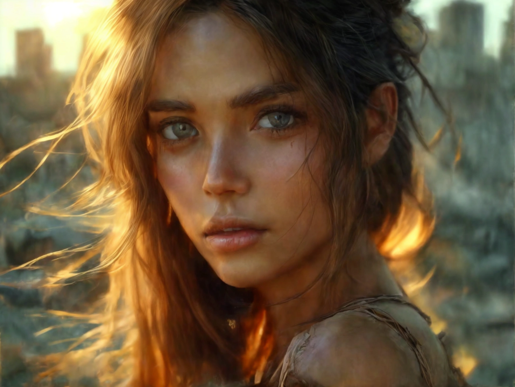 (((ultra realistic))) Photo, masterpiece, top quality, (sun tanned skin), (Ultra detailed face and eyes:1.3), 1 woman, A highly detailed photorealistic image, beautiful woman in the post-apocalyptic setting, torn dress, searching for love, detailed face, delicate features, big expressive eyes, lush flowing hair, dramatic lighting, highly detailed, cinematic, photorealistic, 8k, intricate, masterpiece, ruined_cityscape, distant_character, wasteland