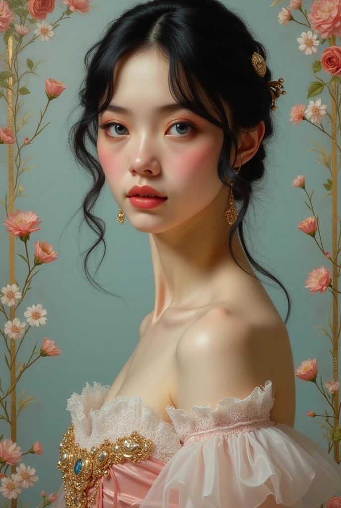 (high resolution,masterpiece:1.2),(Practical:1.37)"(best quality, high resolution, Very detailed, Practical),Beautiful portrait of a 19th century French ballerina, (She is of French and Japanese descent.., She is a beautiful woman,With deep blue eyes and a high nose.:1.1), Exquisite ballet costumes, Detailed facial features, Slender and graceful neck, Flowing hair, Calm and elegant posture, Soft and delicate lighting, Classical oil painting material, Vibrant colors, Delicate background with floral pattern", Dreamy atmosphere, Surrealism,Mysterious atmosphere