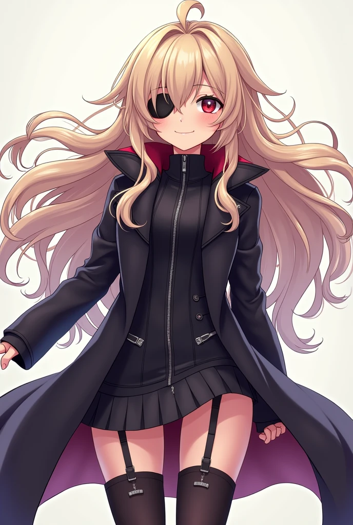 a cartoon image of a woman in boots, vector art by Ei-Q, pixiv, shin hanga, full_body!!, !!full body portrait!!, full body!!, anime moe artstyle, gapmoe yandere grimdark, full body!, anime vtuber full body model beige hair with an eyepatch black coat with front zipper closed, long hair Right hand out in front Game character art