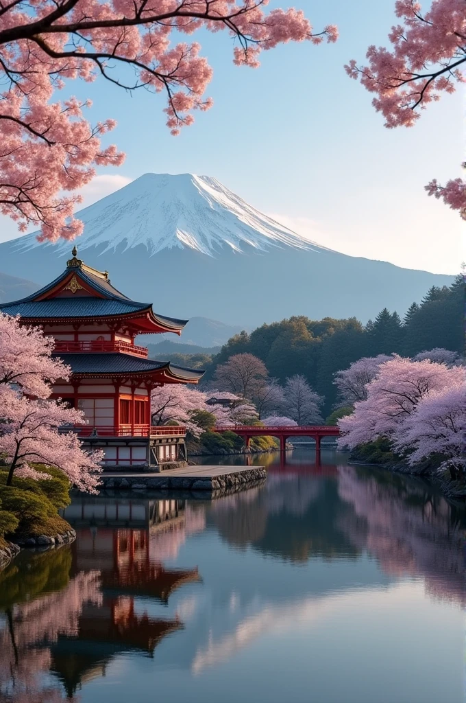 japanese temple (pointing to the left) with bollmond behind and cherry blossom trees in the foreground of the picture on which the focus lies