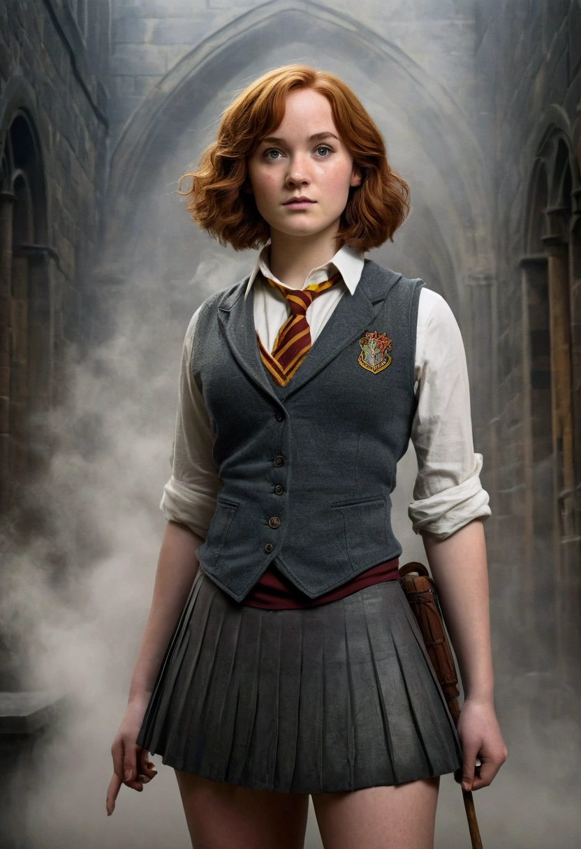 An illustrated movie poster, hand-drawn, full color, a female Hogwarts student, 1, wearing a charcoal vest and a pleated skirt, toned, amazonian stature, athletic hourglass figure, full wide hips, massive round butt, long shapely legs, ridiculously thick powerful thighs, pale hazel eyes, deep dark auburn hair, short curly bob cut, flushed sun-kissed complexion, freckles, resembles Genevieve O'Reilly, standing in a foggy Hogwarts courtyard, surrounded by mist, graphite shading, stencil marks, airbrushed acrylic paint, masterpiece, in the Deathly Hallows 