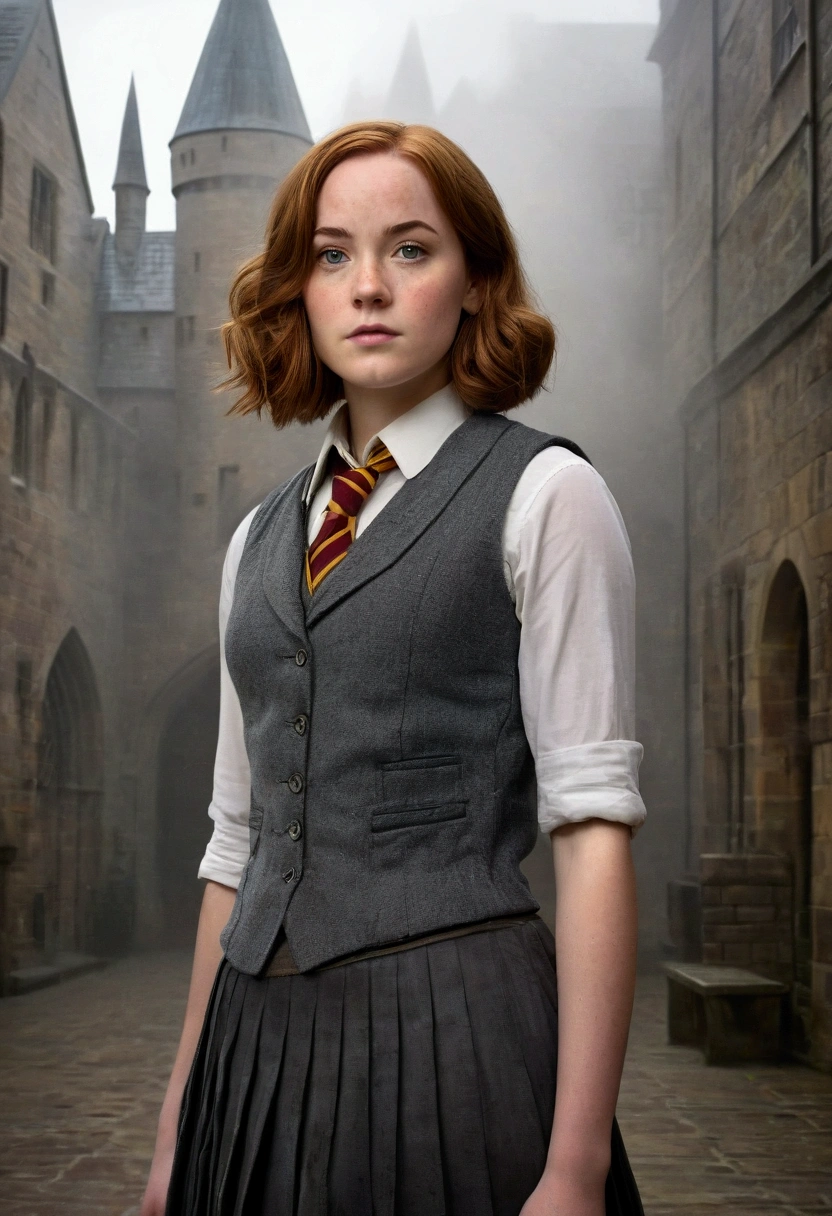 An illustrated movie poster, hand-drawn, full color, a female Hogwarts student, 1, wearing a charcoal vest and a pleated skirt, toned, amazonian stature, athletic hourglass figure, full wide hips, massive round butt, long shapely legs, ridiculously thick powerful thighs, pale hazel eyes, deep dark auburn hair, short curly bob cut, flushed sun-kissed complexion, freckles, resembles Genevieve O'Reilly, standing in a foggy Hogwarts courtyard, surrounded by mist, graphite shading, stencil marks, airbrushed acrylic paint, masterpiece, in the Deathly Hallows