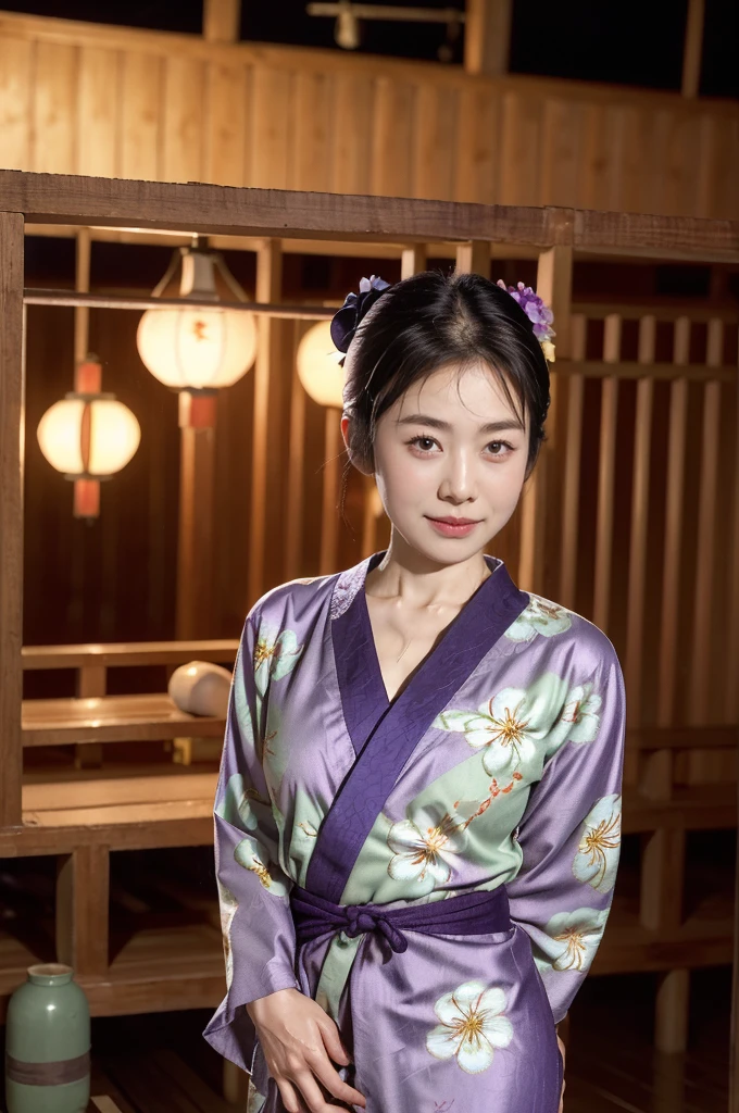 (((best quality))),(((ultra detailed))),(((masterpiece))),illustration,((an old Japannese woman,60-years-old,solo)),((slim,thin,mature)),((small breasts,flat chest)),(in izakaya:1.3),(summer:1.2),(rainy:1.3),(indoor:1.2),(night scene:1.3),(wet:1.3),(purple floral yukata:1.3),neat bun,porcelain skin,rouge,dimly lit,warm glow,ethereal,(standing:1.3),(arms behind back:1.3),sake bottle,half-empty glass,tray,grilled fish,steamed vegetables,half-eaten,melancholic smile,storm,solitude,enigmatic aura,tranquility,chaos,simplicity,mysterious,captivating,((from front,upper body))