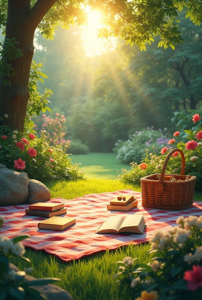A sunny garden, a picnic and books without people

