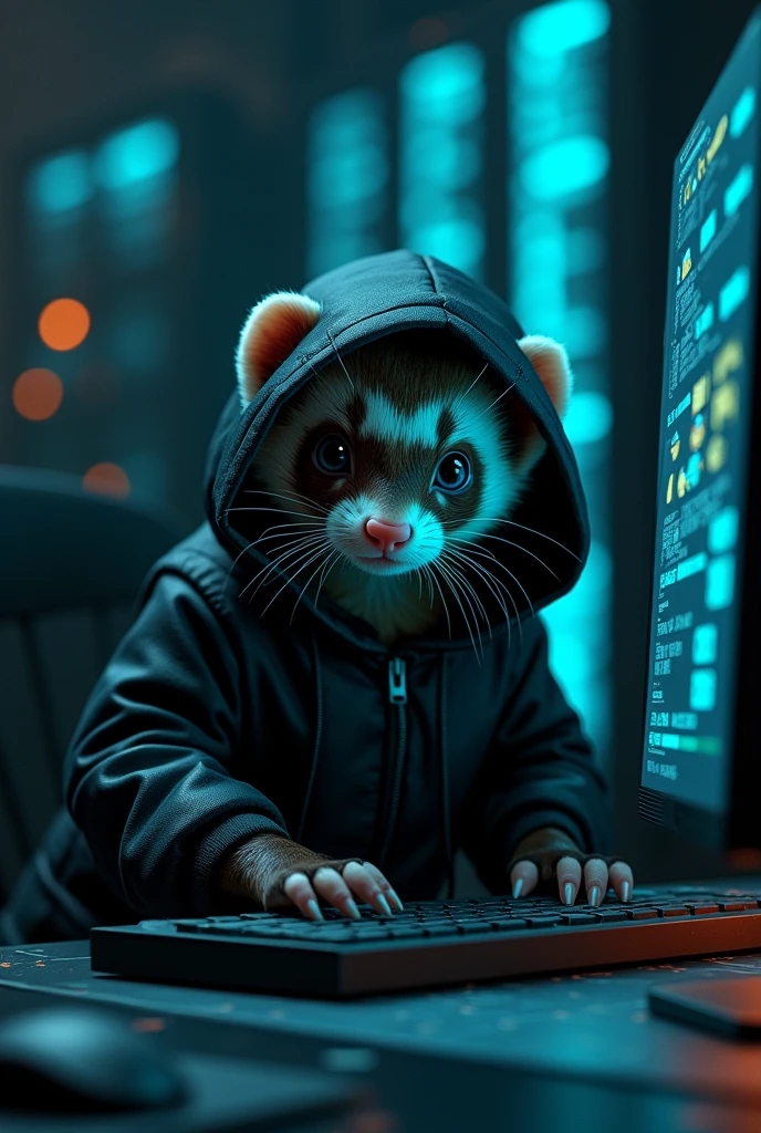 ferret animal in black hooded coat with cyan lines hacking a network 