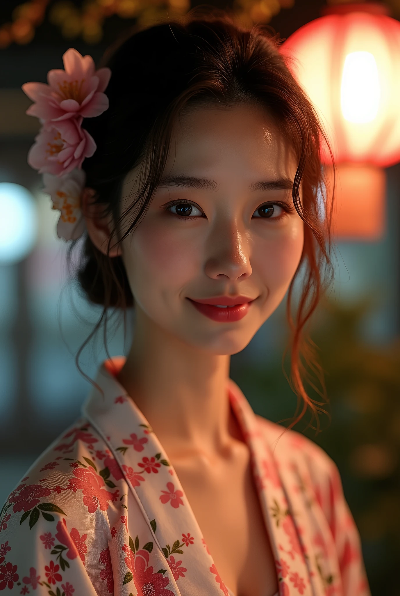 (masutepiece, Best Quality:1.4), Beautiful face, 8K, 85 mm, absurderes, (floral pattern yukata:1.4), The upper part of the body, Exposing breasts、 violaceaess, gardeniass, Delicate girl, Solo, Night, Looking at Viewer, Upper body, Film grain, chromatic abberation, Sharp Focus, face lights, Professional Lighting, Sophisticated, (Smile:0.4), cleavage, (Simple background, Bokeh background:1.2), Detail Face