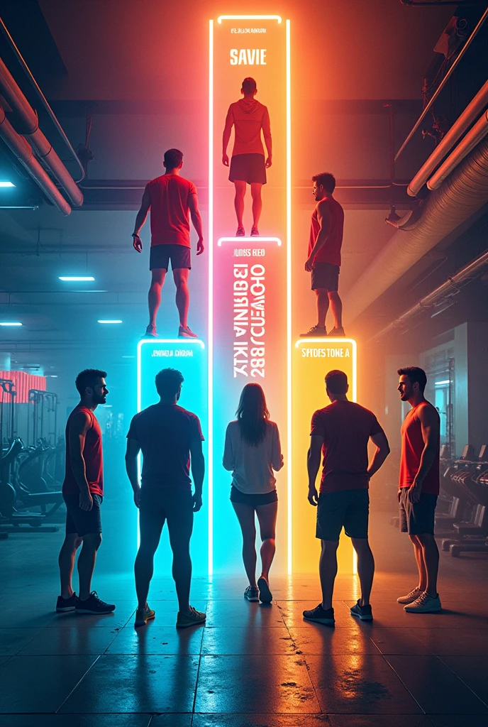 in a gym, create a fitness image of the transtheoretical model of behavior change with the words in Portuguese