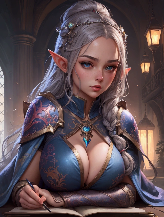 There is a woman with a very large breast posing for a photo, hyperrealistic fantasy art, oeuvre fantastique réaliste, Alena Aenami and Artgerme, germ of'extremely detailed art, peinture fantastique réaliste, illustration fantastique réaliste, wlop it artgerme, model ig | artgerme, Deviantart ArtStation CGSCOSIETY, elf girl