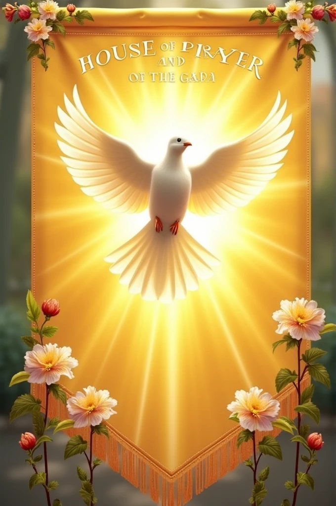 A flag that says house of prayer and below garden of Jehovah with the holy spirit in the form of a dove in the center with a yellow background and flowers on the sides