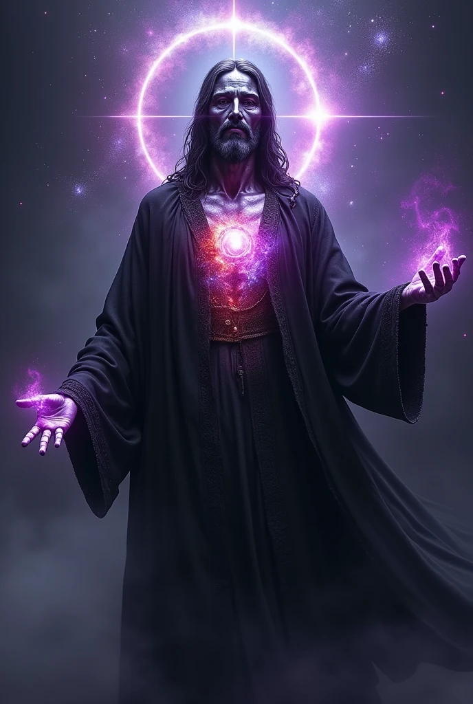 jesus in black ritual clothing, energy field around the shiny silver body, violet body aura red and blue silver chest aura, fire aspect in silver eyes, darkness background, Morning Star