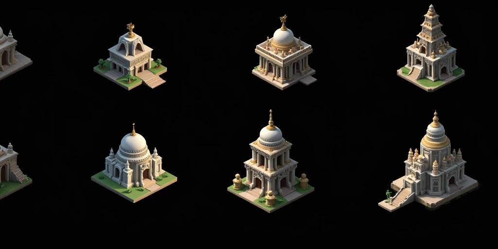 a close up of a bunch of different temples with a clock on top, detailed temples, small temples, temple details, isometric palace, ancient buildings, prerendered isometric graphics, buildings, game assets, isometric game feature, large temples, Isometric views, temple background, isometric game art, intricately detailed buildings, 3D Renderings