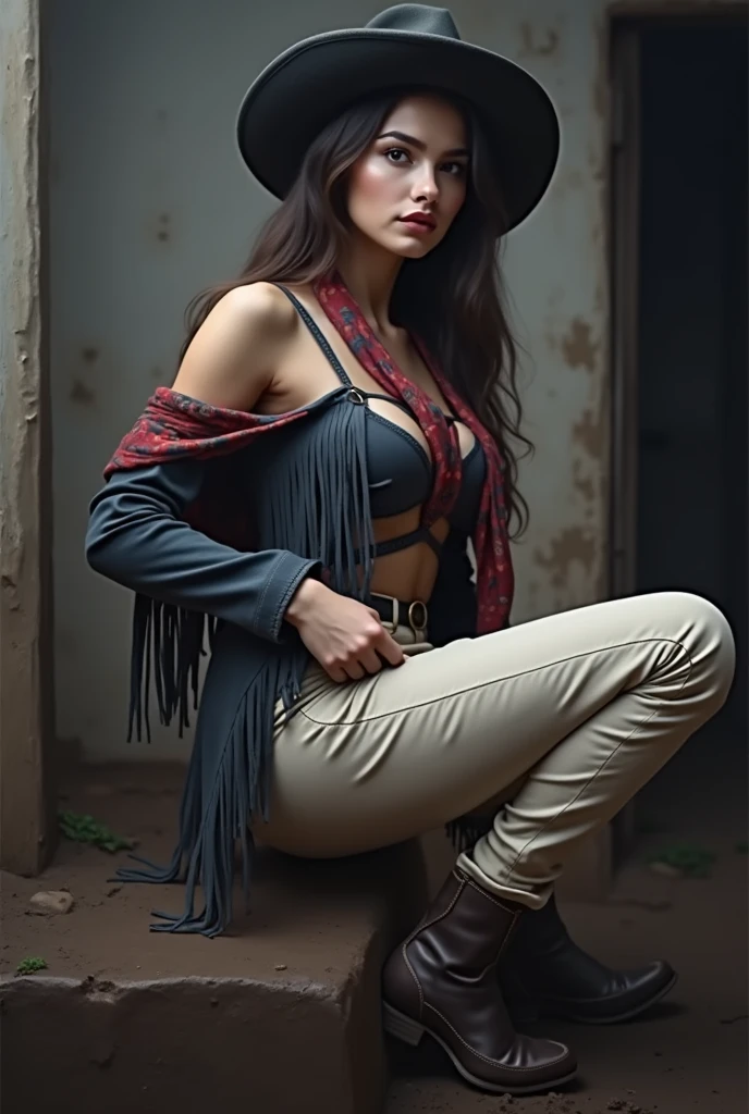 beautiful young woman, detailed face, detailed eyes, detailed lips, cowboy hat, fringed waistcoat, trousers, scarf, confident expression, medium bust, muddy farm, photorealistic, (best quality,4k,8k,highres,masterpiece:1.2),ultra-detailed,(realistic,photorealistic,photo-realistic:1.37),HDR,UHD,studio lighting,ultra-fine painting,sharp focus,physically-based rendering,extreme detail description,professional,vivid colors,bokeh,portrait