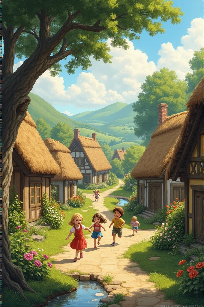 Show the scene of a small village, where birds are chirping and children are blooming.
