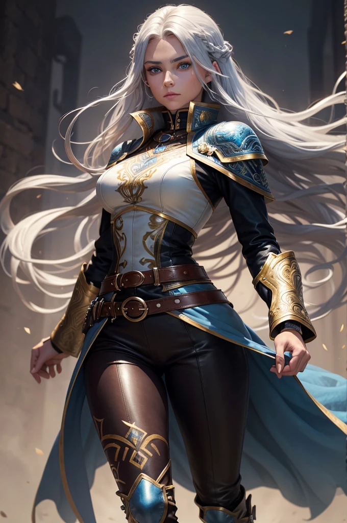 ((best quality)), ((masterpiece)), (detailed), perfect faStrong female warrior with lean muscular build, ice blue eyes with gold flecks in them, long wavy silver hair with natural blue streaks, medium tan skin tone and elaborate tribal scars and tattoos on the body, long, flowing dark brown or black leather coat with a high collar, fitted, long-sleeved tunic which is cinched at the waist with a wide belt, leather fingerless gauntlets, slim fitting leather pants, sturdy boots.ce
