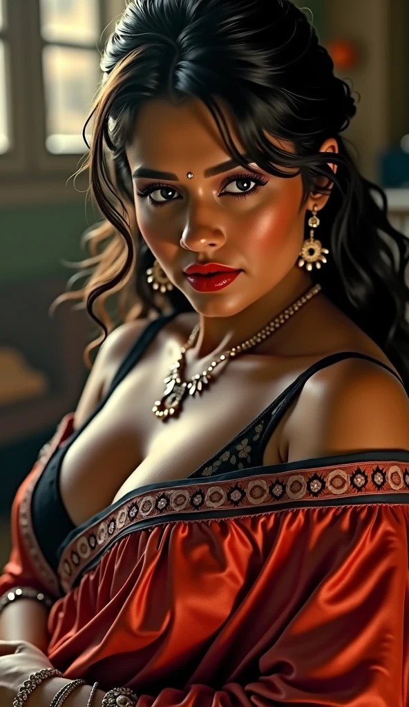 wolf cut hairstyle erotic hindu wife super big fake lips red lipstick super delicious body saree bra chubby body 