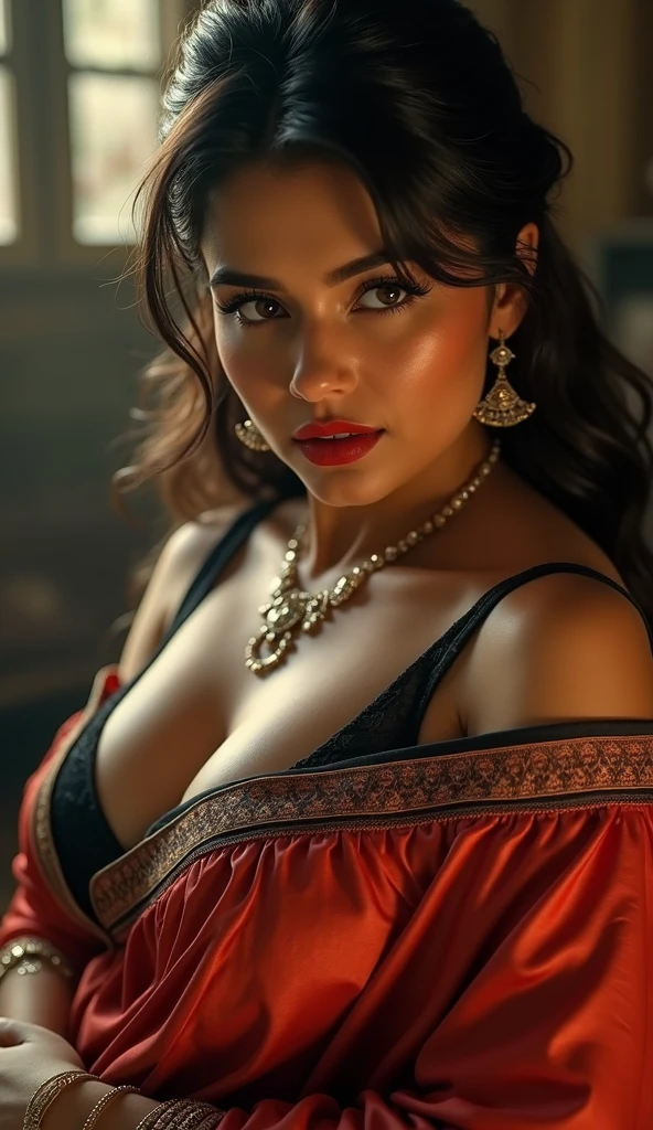 wolf cut hairstyle erotic hindu wife super big fake lips red lipstick super delicious body saree bra chubby body 