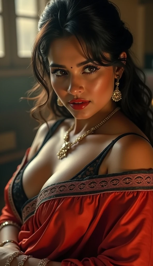 wolf cut hairstyle erotic hindu wife super big fake lips red lipstick super delicious body saree bra chubby body