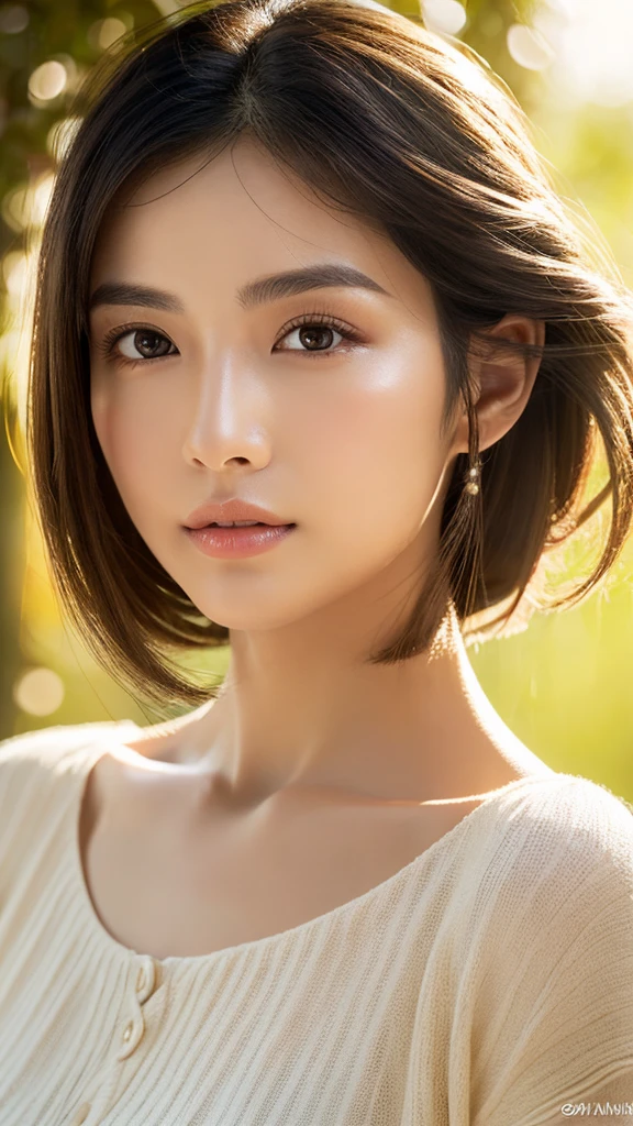 An ethereal and breathtakingly beautiful Japanese model and actress in her early 20s, depicted in an ultra-high-definition 4K close-up that reveals every intricate detail of her facial features. Her skin is hyper-realistic, showcasing a flawless complexion with a natural, warm beige undertone and a subtle, sun-kissed hue, giving her a healthy, radiant appearance without being overly pale. The skin texture is meticulously detailed, revealing fine pores, a gentle dewiness, and a natural elasticity that conveys a soft, supple feel. The lighting is soft and indirect, with a focus on ambient indoor light that gently illuminates her face, avoiding harsh highlights and creating a balanced, realistic glow. The soft shadows cast by the light add depth and dimension to her features, emphasizing the smoothness of her skin and the contours of her face. Her large, almond-shaped eyes are a deep, rich brown, with irises displaying subtle color variations and a soft inner glow, framed by perfectly arched brows and naturally curled, thick lashes. Her lips are naturally full, with a soft, velvety texture and a delicate sheen that captures the ambient light, highlighting their plumpness and smoothness. Her straight, glossy black hair is styled to frame her face, each strand individually defined with a natural sheen that reflects the indoor lighting. The overall composition is designed to evoke a sense of intimate elegance, with the gentle, controlled lighting and the precise rendering of every detail, from the texture of her skin to the softness of her gaze, creating an image that surpasses human perception in realism.