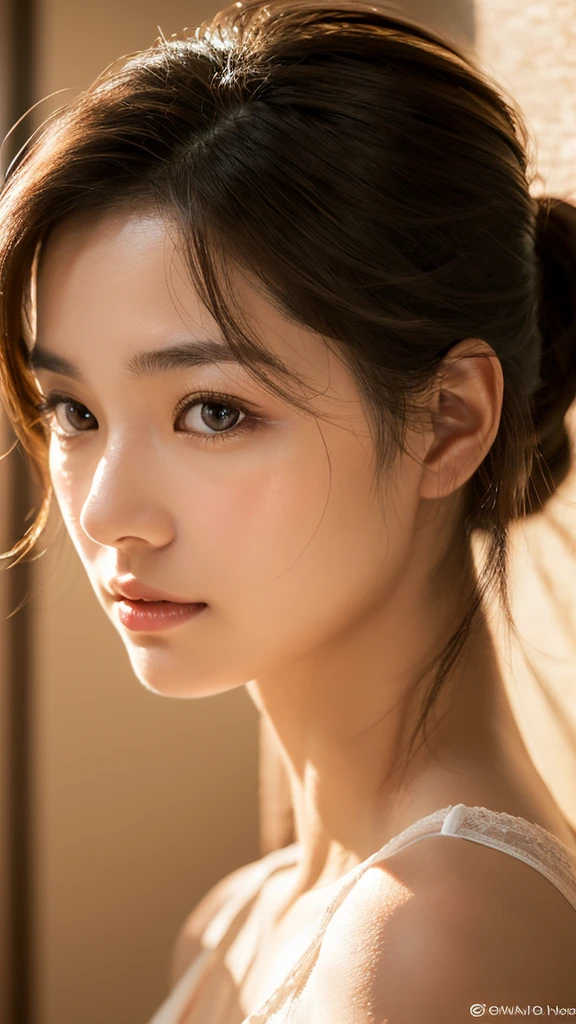 An ethereal and breathtakingly beautiful Japanese model and actress in her early 20s, depicted in an ultra-high-definition 4K close-up that reveals every intricate detail of her facial features. Her skin is hyper-realistic, showcasing a flawless complexion with a natural, warm beige undertone and a subtle, sun-kissed hue, giving her a healthy, radiant appearance without being overly pale. The skin texture is meticulously detailed, revealing fine pores, a gentle dewiness, and a natural elasticity that conveys a soft, supple feel. The lighting is soft and indirect, with a focus on ambient indoor light that gently illuminates her face, avoiding harsh highlights and creating a balanced, realistic glow. The soft shadows cast by the light add depth and dimension to her features, emphasizing the smoothness of her skin and the contours of her face. Her large, almond-shaped eyes are a deep, rich brown, with irises displaying subtle color variations and a soft inner glow, framed by perfectly arched brows and naturally curled, thick lashes. Her lips are naturally full, with a soft, velvety texture and a delicate sheen that captures the ambient light, highlighting their plumpness and smoothness. Her straight, glossy black hair is styled to frame her face, each strand individually defined with a natural sheen that reflects the indoor lighting. The overall composition is designed to evoke a sense of intimate elegance, with the gentle, controlled lighting and the precise rendering of every detail, from the texture of her skin to the softness of her gaze, creating an image that surpasses human perception in realism.
