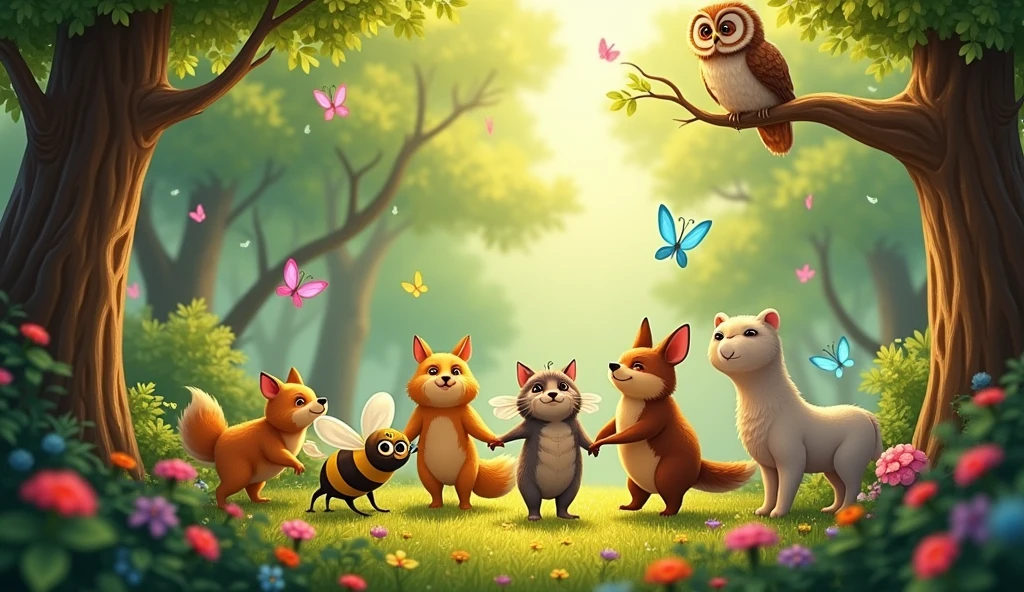 Visualize a vibrant, magical clearing in a lush forest. The scene features a group of buzzing bees leading the way, their wings glinting in the sunlight. Fluttering butterflies of various colors dance gracefully through the air, adding splashes of color to the scene. Perched on a sturdy tree branch overlooking the clearing is a wise old owl with thoughtful eyes, observing the group below. The animals are gathered together, creating a sense of unity and teamwork as they return to the clearing. The setting is warm and welcoming, with soft rays of sunlight filtering through the trees, highlighting the beauty of nature and the bond between the creatures.