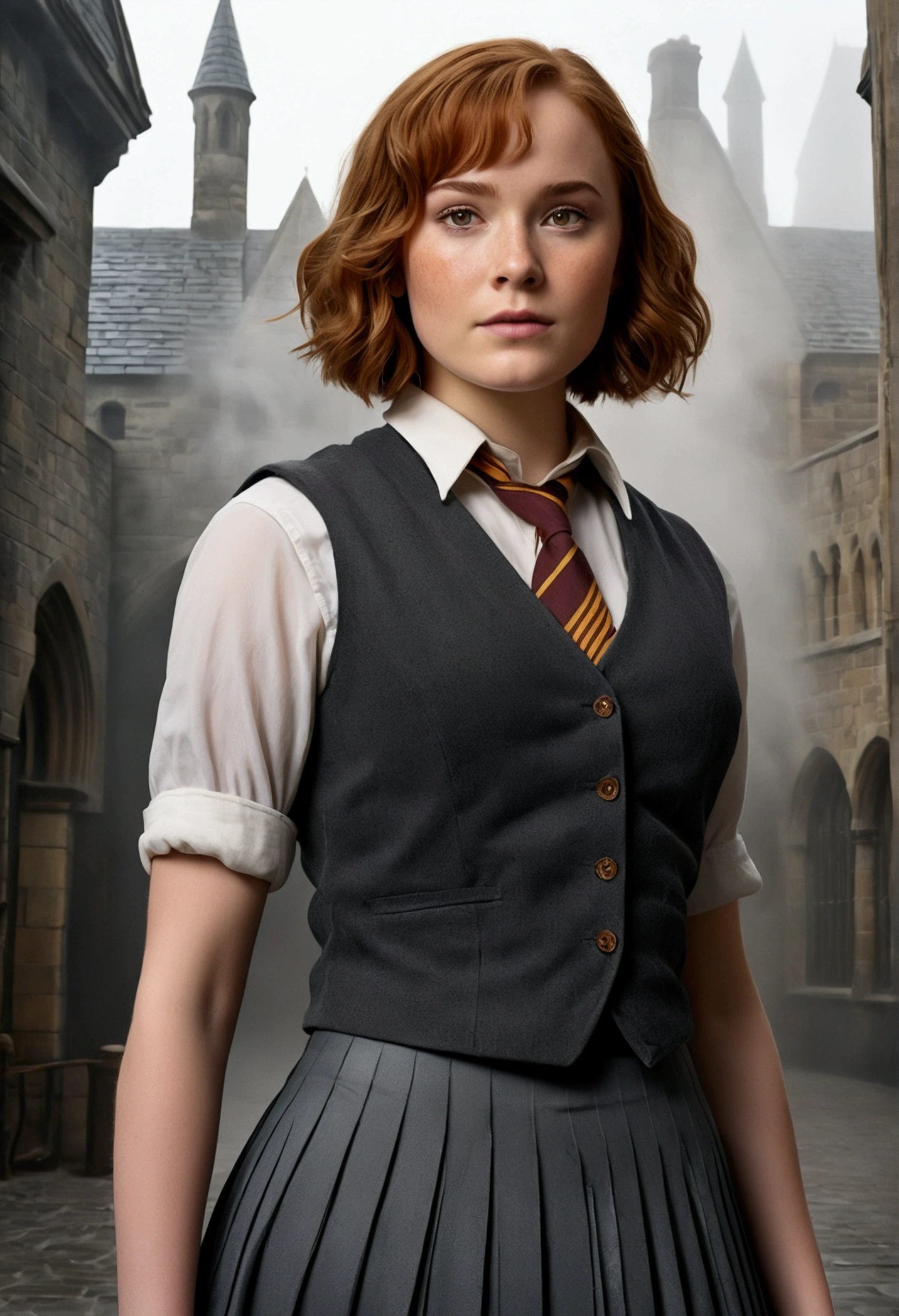 An illustrated movie poster, hand-drawn, full color, a female Hogwarts student, 1, wearing a charcoal vest and a pleated skirt, toned, amazonian stature, athletic hourglass figure, full wide hips, massive round butt, long shapely legs, ridiculously thick powerful thighs, light hazel eyes, deep dark auburn hair, short curly bob cut, flushed sun-kissed complexion, freckles, resembles Genevieve O'Reilly, standing in a foggy Hogwarts courtyard, surrounded by mist, graphite shading, stencil marks, airbrushed acrylic paint, masterpiece, in the Deathly Hallows