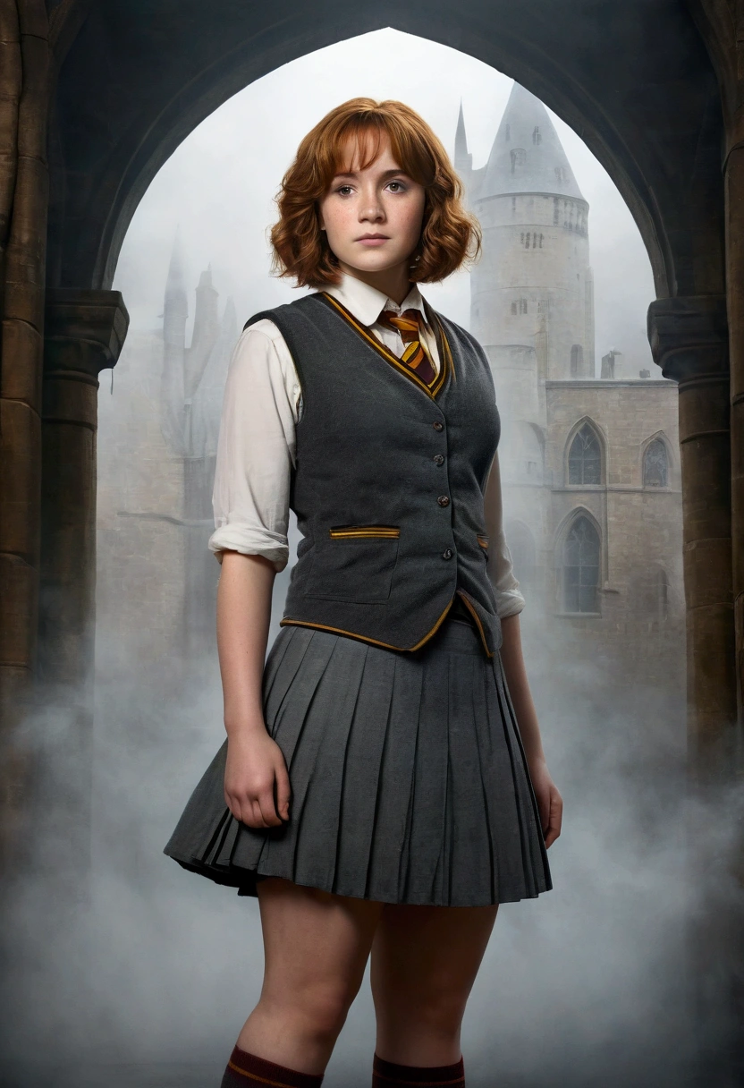 An illustrated movie poster, hand-drawn, full color, a female Hogwarts student, 1, wearing a charcoal vest and a pleated skirt, toned, amazonian stature, athletic hourglass figure, full wide hips, massive round butt, long shapely legs, ridiculously thick powerful thighs, light hazel eyes, deep dark auburn hair, short curly bob cut, flushed sun-kissed complexion, freckles, resembles Genevieve O'Reilly, standing in a foggy Hogwarts courtyard, surrounded by mist, graphite shading, stencil marks, airbrushed acrylic paint, masterpiece, in the Deathly Hallows