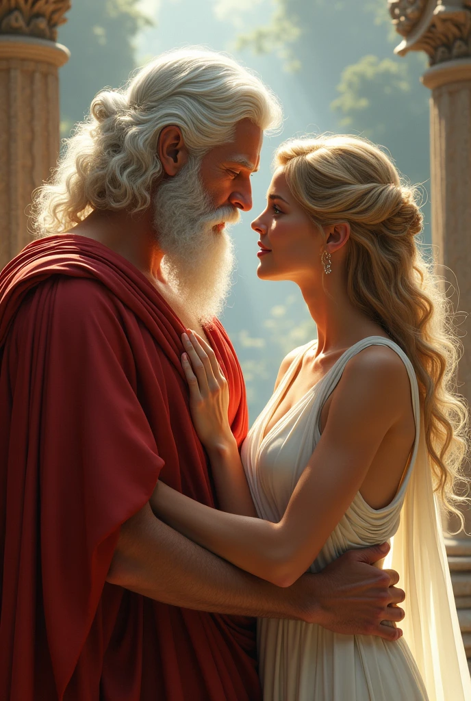 Zeus with white hair and beard is in a slight flirtation with Aphrodite, white dress and blonde hair in the mythological era, She a little more distant