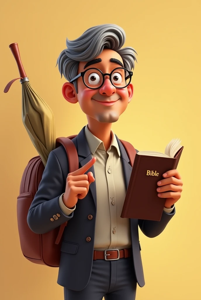 Create a Pixar-style image of a 53-year-old Latino man,brown skin, using reading glasses, gray curly hair, Side-parted hairstyle and formal dress, holding a bible in his left hand and pointing at the bible with his index finger of his right hand, smiling placidly, he has neither a beard nor a moustache, In the book it should only say BIBLE,without images, He carries a backpack and an umbrella hanging from the same backpack
