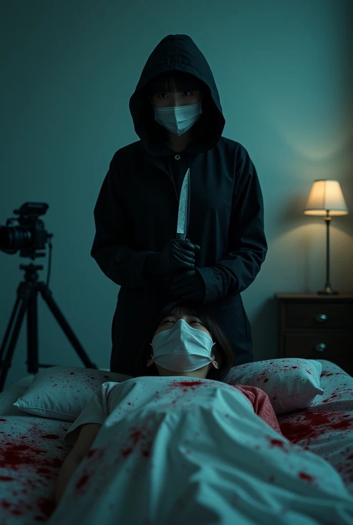 korean girl, (behind stiff, holding knife), surgical mask, black leather gloves, room, black raincoat, hood up, holding knife, leather gloves, woman on top, behind cadaver, looking at viewer, blood splatter, bed room, night, mass murderer, killer, short hair, blood splatter, dark atmosphere, cinematic lighting, atmospheric realistic, neon lighting, tripod and camera in the back, shooting with camera