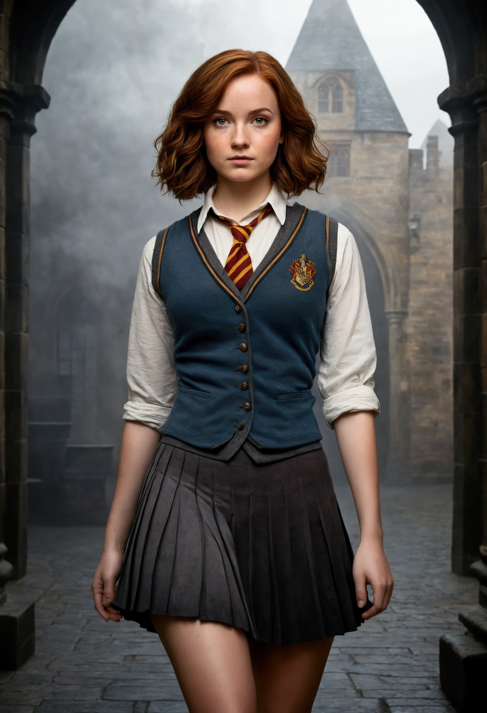 An illustrated movie poster, hand-drawn, full color, a female Hogwarts student, 1, wearing a charcoal vest and a pleated skirt, toned, amazonian stature, athletic hourglass figure, full wide hips, massive round butt, long shapely legs, ridiculously thick powerful thighs, hazel eyes, deep dark auburn hair, short curly bob cut, flushed sun-kissed complexion, freckles, resembles Genevieve O'Reilly, standing in a foggy Hogwarts courtyard, surrounded by mist, graphite shading, stencil marks, airbrushed acrylic paint, masterpiece, in the Deathly Hallows 