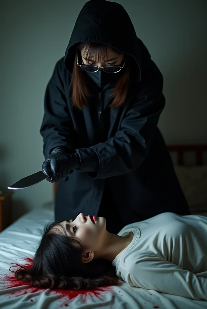 korean girl, (behind stiff, holding knife), stabbing, black surgical mask, black gloves, sunglasses, dark room, night, black raincoat, hood up, holding knife, black gloves, 20 years old, woman on top, behind cadaver, blood splatter, on the bed, mass murderer, killer, blood splatter, by the window