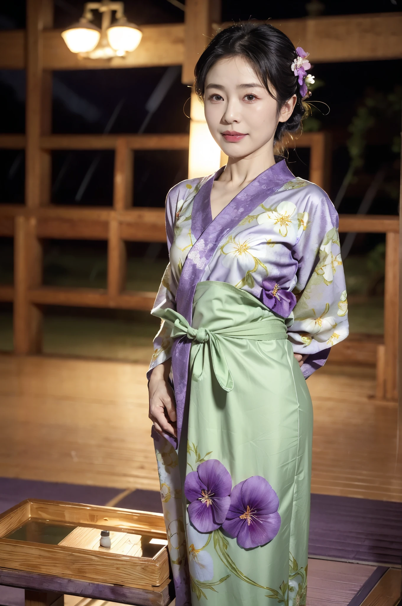 (((best quality))),(((ultra detailed))),(((masterpiece))),illustration,((1 beautiful Japannese woman,60-years-old,solo)),((slim,thin,mature)),((small breasts,flat chest)),(in izakaya:1.3),(summer:1.2),(rainy:1.3),(indoor:1.2),(night scene:1.3),(wet:1.3),(purple floral yukata:1.3),neat bun,porcelain skin,rouge,dimly lit,warm glow,ethereal,(standing:1.3),(arms behind back:1.3),sake bottle,half-empty glass,tray,grilled fish,steamed vegetables,half-eaten,melancholic smile,storm,solitude,enigmatic aura,tranquility,chaos,simplicity,mysterious,captivating,((from front,upper body))