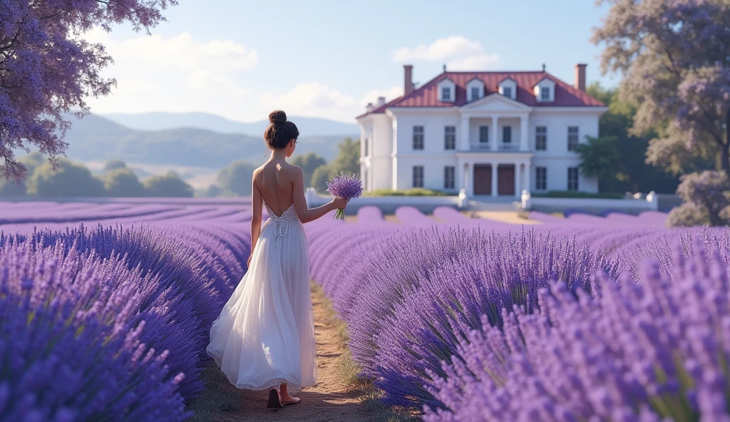 A beautiful lavender farm. A beautiful white luxurious house in the background of the natural lavender farm. A beautiful girl is walking in the farm. The girl is trying to pick a flower from the farm. The fragrance is spreading like music notes everywhere.