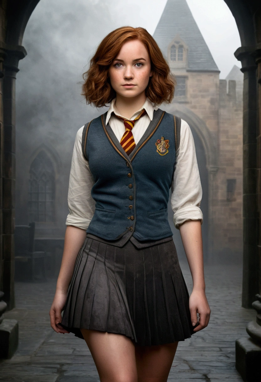 An illustrated movie poster, hand-drawn, full color, a female Hogwarts student, 1, wearing a charcoal vest and a pleated skirt, toned, amazonian stature, athletic hourglass figure, full wide hips, massive round butt, long shapely legs, ridiculously thick powerful thighs, hazel eyes, deep dark auburn hair, short curly bob cut, flushed sun-kissed complexion, freckles, resembles Genevieve O'Reilly, standing in a foggy Hogwarts courtyard, surrounded by mist, graphite shading, stencil marks, airbrushed acrylic paint, masterpiece, in the Deathly Hallows