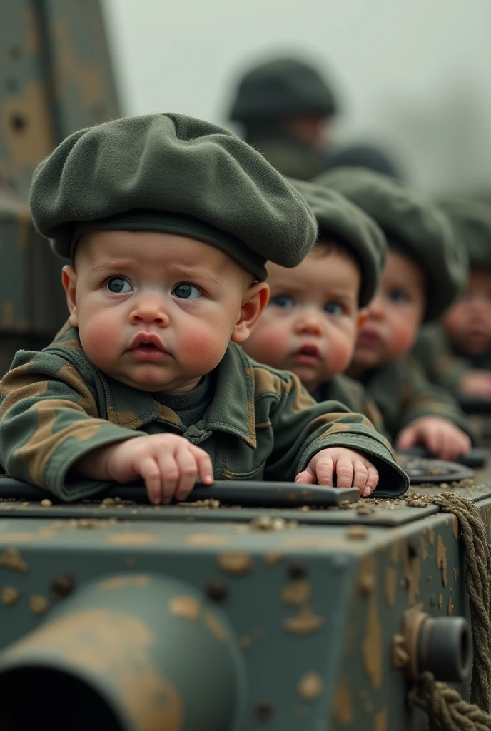 Seven very young newborn babies dressed in camouflage tank uniforms and military berets drive a real military vehicle in a defensive position in a realistic full body action style.