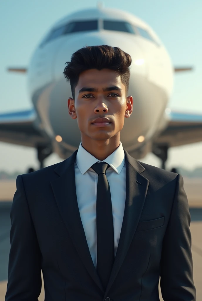 17 year old Indian boy handsome wearing formals posing for Nadeem beautiful aroplen in background