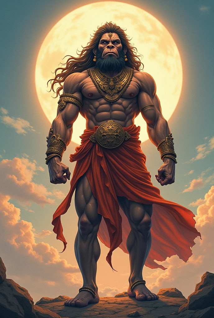 Anime style Lord hanuman standing with crossed hands facing towards west