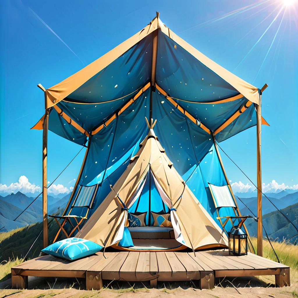 Glamping、symbol、Three-dimensional、Shine、Shine、gold、The background is blue sky