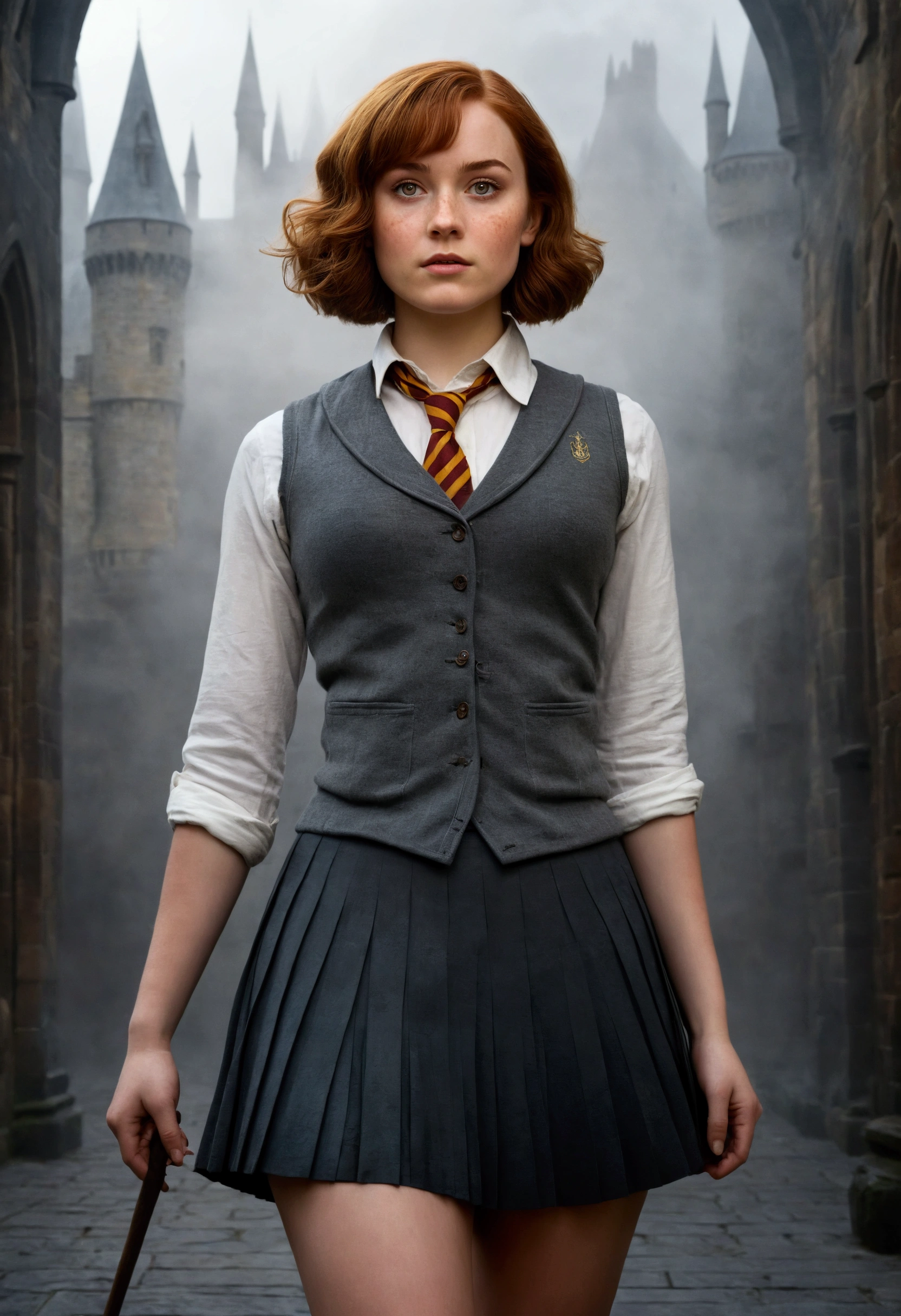 An illustrated movie poster, hand-drawn, full color, a female Hogwarts student, 1, wearing a charcoal vest and a pleated skirt, toned, amazonian stature, athletic hourglass figure, full wide hips, massive round butt, long shapely legs, ridiculously thick powerful thighs, hazel eyes, deep dark auburn hair, short curly bob cut, flushed sun-kissed complexion, freckles, resembles Genevieve O'Reilly, standing in a foggy Hogwarts courtyard, surrounded by mist, graphite shading, stencil marks, airbrushed acrylic paint, masterpiece, in the Deathly Hallows 