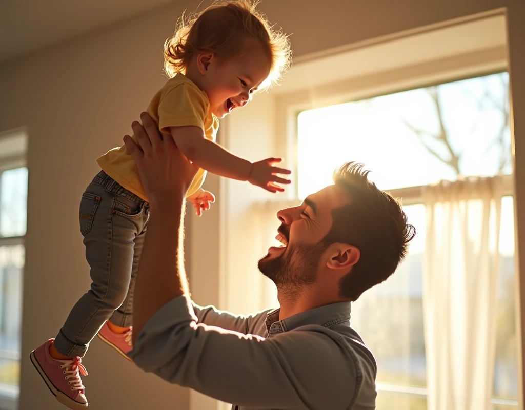 A joyful father lifting his  high into the air with both hands, laughter and happiness radiating from their faces, sunlight streaming in through a nearby window, creating a warm and loving atmosphere.