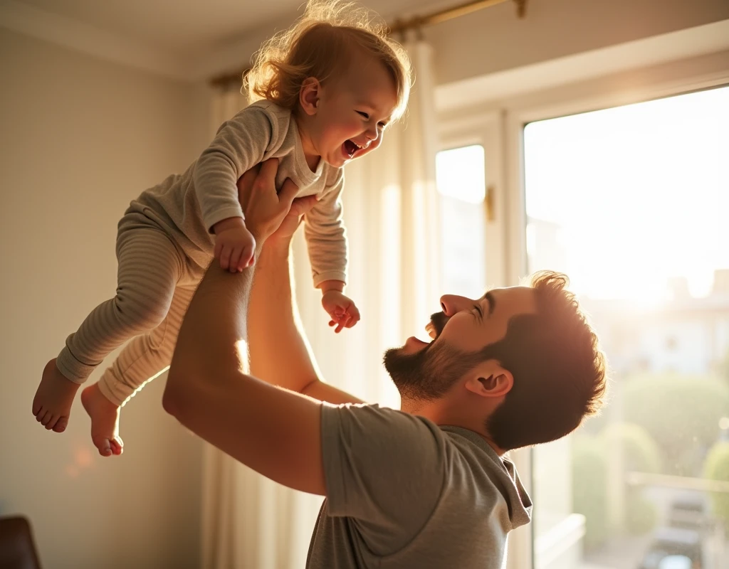 A joyful father lifting his small child high into the air with both hands, laughter and happiness radiating from their faces, sunlight streaming in through a nearby window, creating a warm and loving atmosphere.